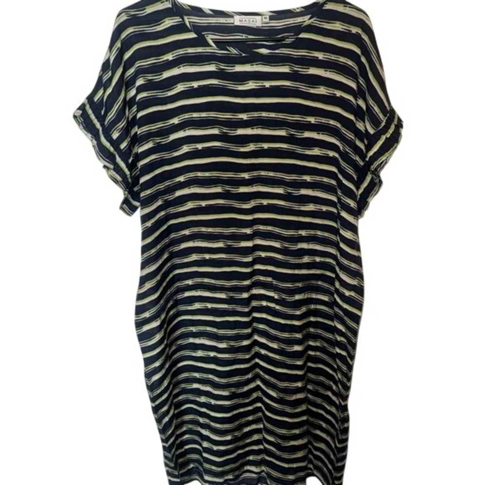 Masai Womens XS Navy Blue Lime Green Striped Ruffle Sleeve Tunic Top Shift Dress